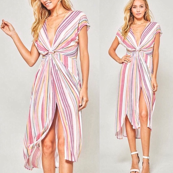 Plunge Twist Front Slit Stripe Midi Dress - Picture 2 of 8
